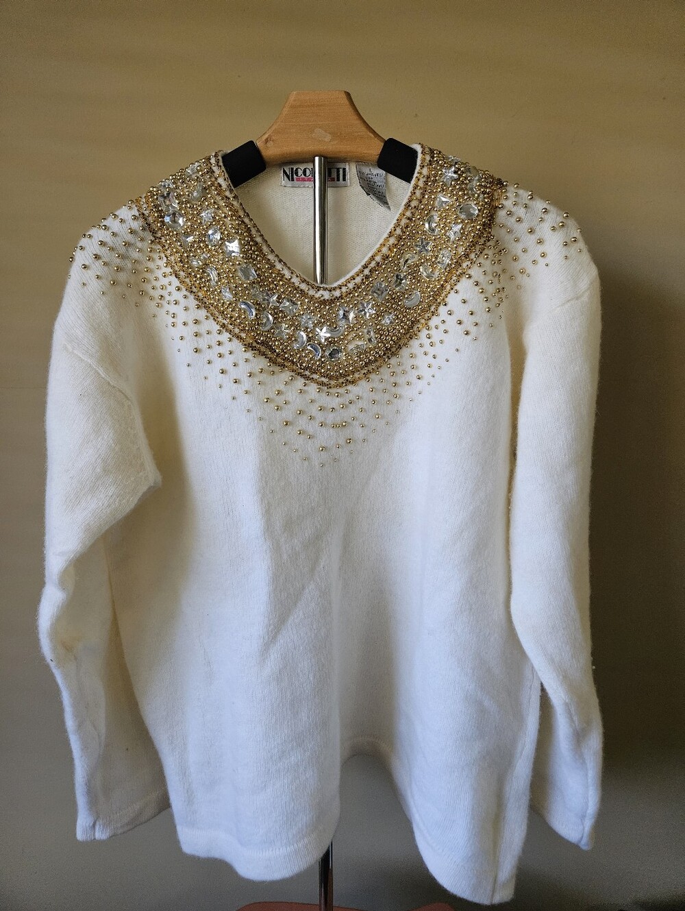 Vintage Nicoletti Embellished Wool Angora Sweater Gold Star Moon Beaded - Size L